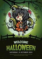 Horror fantasy halloween poster and flyer design with cute ghost girl illustration vector