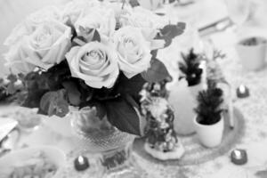 The colorful photo shows blooming flower rose with green leaves