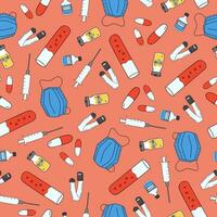 Seamless medical pattern with medical mask, tablets, vaccine, syringe and blood in a flask. on a scarlet background vector