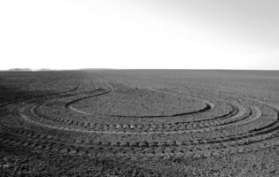 Plowed field for potato in black soil on open countryside nature photo