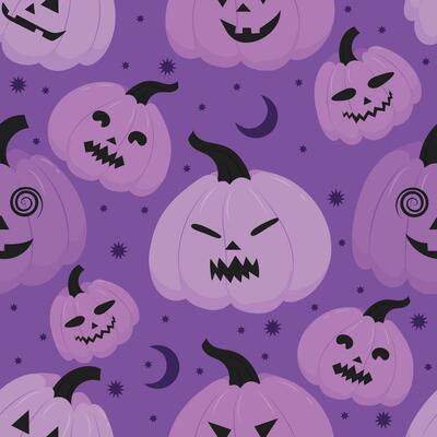 Seamless pattern of purple Halloween pumpkins.