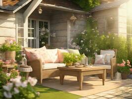 Beautiful green garden with wicker terrace furniture and trees AI Generative photo