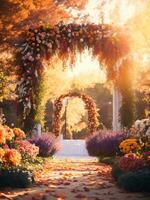 Beautiful country style archway decorated with floral composition outdoors in autumn season ai generative photo