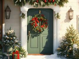 House Decorated for The Winter Holidays with Christmas Wreath and Christmas Decoration using AI Generative photo