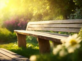 Wooden bench in the park with sunlight AI Generative photo