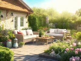 Cozy wicker sofas for relaxing in the garden near the house on the grass relax and restwith  AI Generative photo