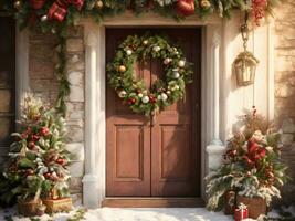 Christmas wreath on wooden door with AI Generative photo