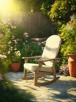 patio cubierta y silla en verde jardín ai generativo foto