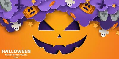 Happy Halloween banner or party invitation background in paper cut style. vector
