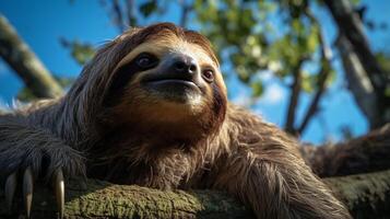 Photo of Sloth in ther forest with blue sky. Generative AI