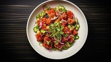 Photo of Ahi Poke as a dish in a high-end restaurant. Generative AI