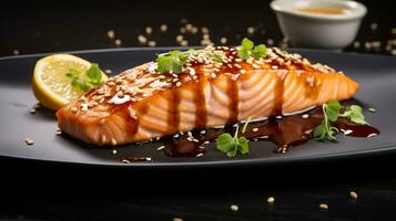 Photo of Maple Glazed Salmon as a dish in a high-end restaurant. Generative AI