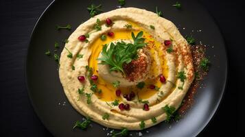 foto de hummus como un plato en un gama alta restaurante. generativo ai