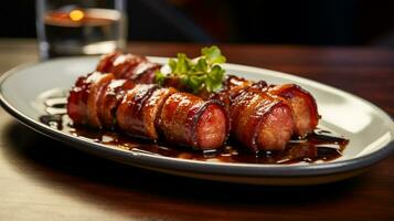 foto de envuelto en tocino fechas como un plato en un gama alta restaurante. generativo ai