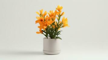 Photo of Freesia flower in pot isolated on white background. Generative AI