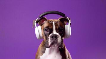 Photo of Boxer using headphone  on purple background. Generative AI