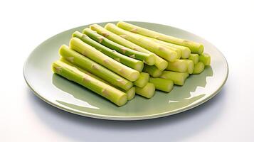 Photo of Asparagus on plate isolated on white background. generative ai