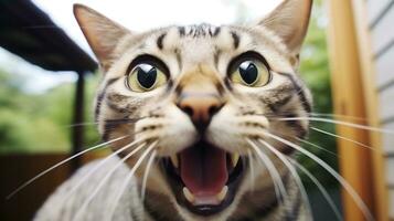 Close-up Photo of a funny shocked Egyptian Mau sticking out his tongue. Generative AI