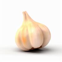 Photo of Garlic on wooden board isolated on white background. Generative AI