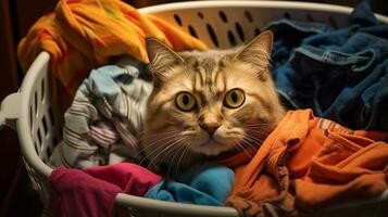 foto de el gato es ocultación en el ropa cesta. generativo ai