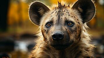 de cerca foto de un hiena mirando ninguna dirección en selva. generativo ai