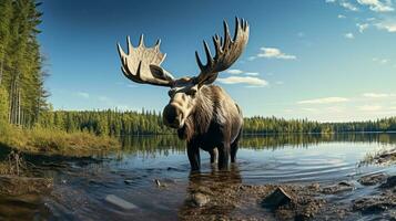 Photo of a Moose under Blue Sky. Generative AI