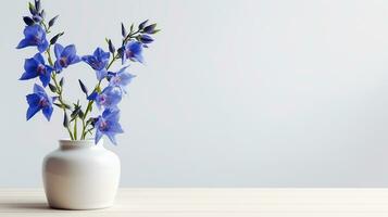 Photo of Larkspur flower in pot isolated on white background. Generative AI