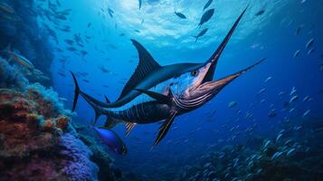 Photo of Swordfish with various fish between healthy coral reefs in the blue ocean. Generative AI