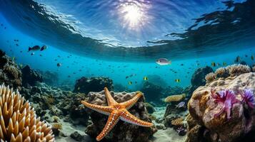 Photo of Starfish with various fish between healthy coral reefs in the blue ocean. Generative AI