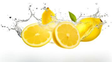 Photo of Fresh Lemon Slices with Water Splashes isolated on white background.