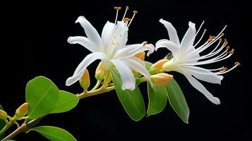 Photo of beautiful Honeysuckle flower isolated on white background. Generative AI