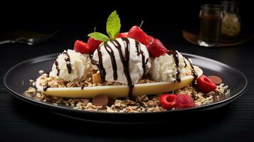 Photo of Banana Split as a dish in a high-end restaurant. Generative AI