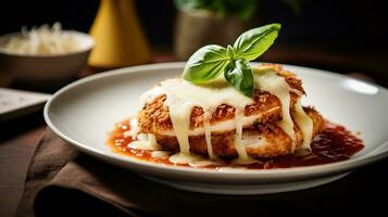 Photo of Chicken Parmesan as a dish in a high-end restaurant. Generative AI
