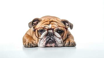 Photo of a Bulldog dog using eyeglasses isolated on white background. Generative AI