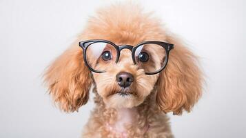 Photo of a Poodle dog using eyeglasses isolated on white background. Generative AI