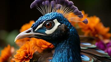 Close-up photo of a Peacock looking any direction. Generative AI