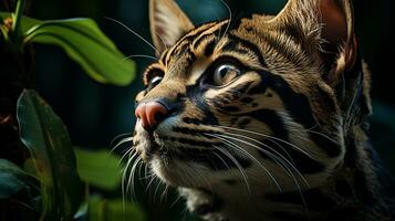 Close-up photo of a Ocelot looking any direction on jungle. Generative AI