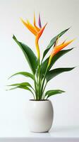 Photo of Bird of Paradise flower in pot isolated on white background. Generative AI