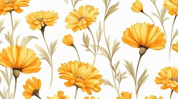 Seamless pattern of Calendula flower in watercolor style isolated on white background. Calendula flower texture background. Generative AI photo