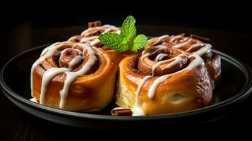 Photo of Cinnamon Rolls as a dish in a high-end restaurant. Generative AI