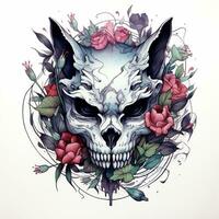 cat skull with flower illustration art on white background photo