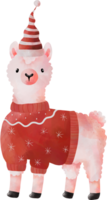 Watercolor Christmas Llama Wearing Red Sweater and Santa Hat png