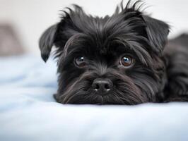 Portrait of Affenpinscher lying on bed. generative ai photo