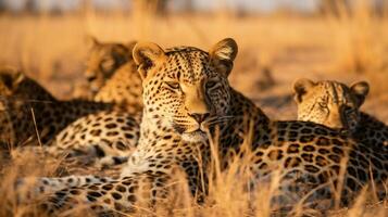 foto de un manada de leopardo descansando en un abierto zona en el sabana. generativo ai