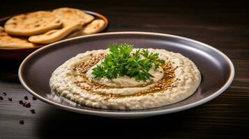 Photo of Baba Ghanoush as a dish in a high-end restaurant. Generative AI
