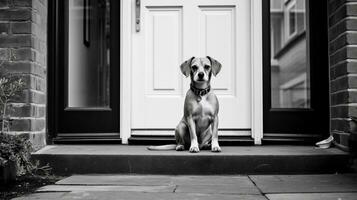 Photo of A loyal dog patiently awaits its owner's return by the front door. Generative AI