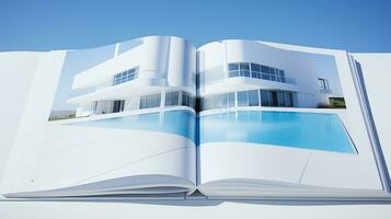 abierto revista con moderno y minimalista edificio y azul cielo. 3d representación. foto