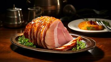Photo of Baked Ham as a dish in a high-end restaurant. Generative AI