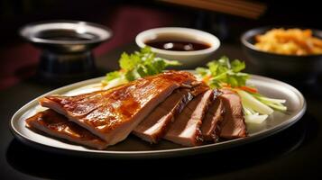 Photo of Peking Duck as a dish in a high-end restaurant. Generative AI