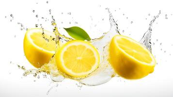 Photo of Fresh Lemon Slices with Water Splashes isolated on white background.